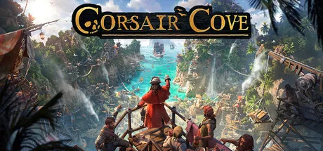 Corsair Cove official Steam header art showing a tropical pirate cliff city