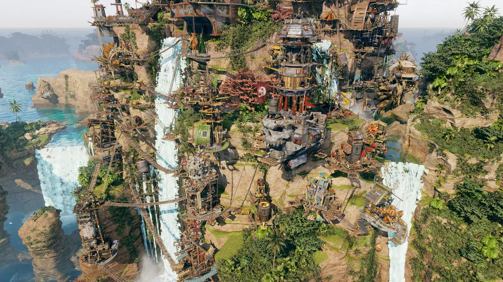 Corsair Cove cliffside pirate settlement with ships in turquoise water